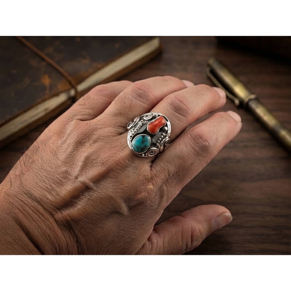 Heavy Sterling Silver Turquoise Coral Signet Ring Size 11 US**